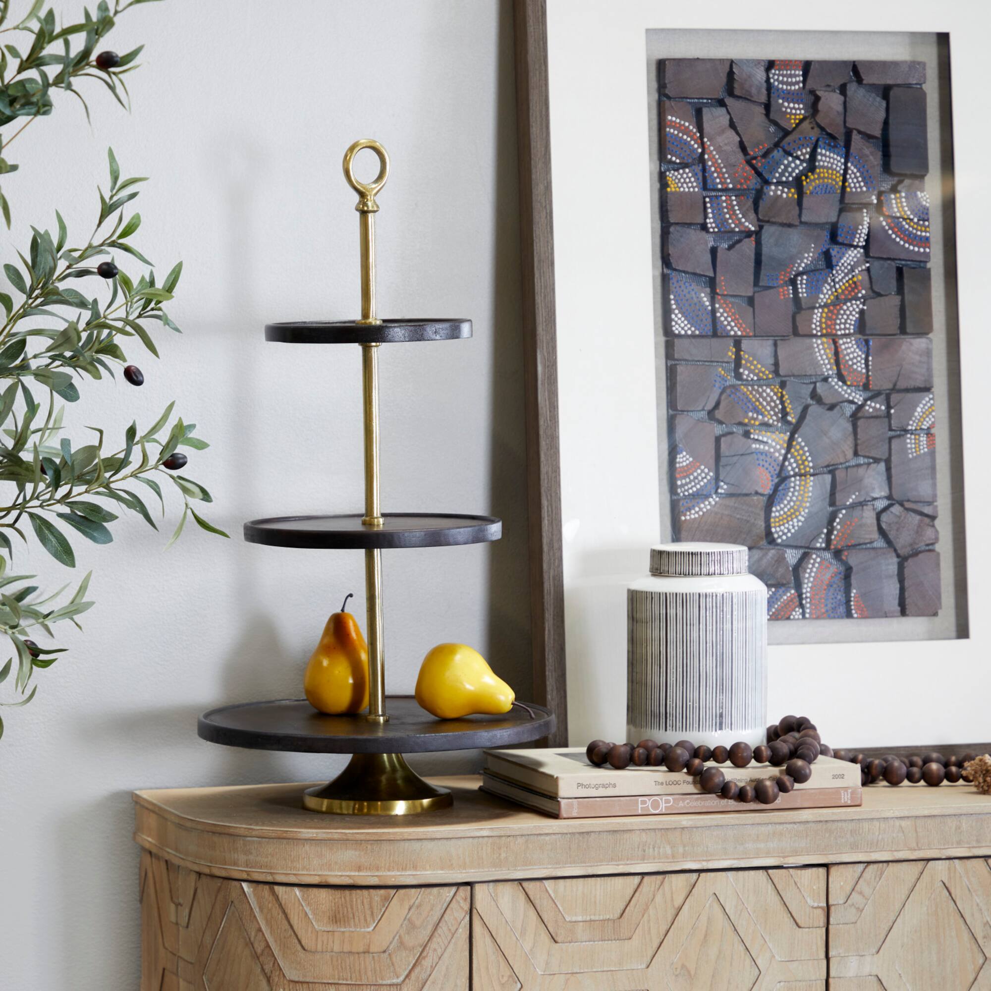 Dark Brown Mango Wood Coastal Tiered Server, 15" x 14" x 26"